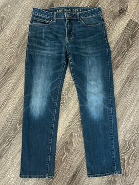 American Eagle Jeans Mens 32x28 Original Straight Leg Flex Whiskered Blue Denim